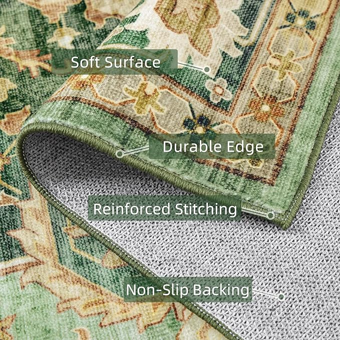 10x14 Rugs for Living Room Bedroom, Washable Green Area Rugs Non Slip Large Rug for Dining Room Office, Floor Decoration Vintage Boho Big Rug Carpet Low-Pile Kid & Pet Friendly