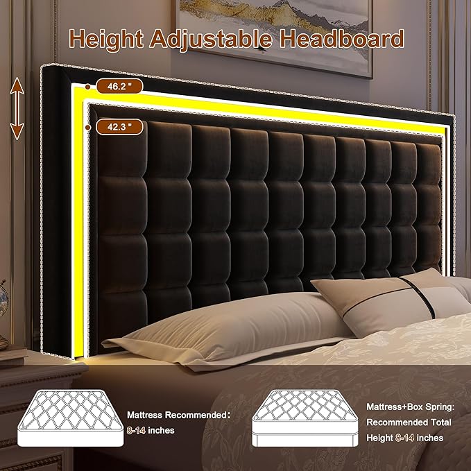 Full Led Bed Frame with 4 Storage Drawers, Bed Frame with Led Lights No Box Spring Needed, Supports 900 lbs, Easy Assembly, Quiet and Sturdy Design, Velvet Black