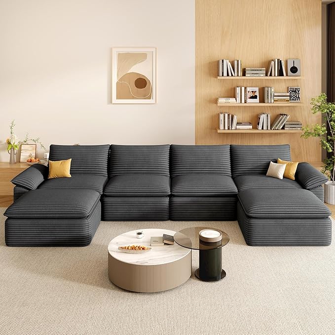142" Cloud Sectional Couch with U-Shaped Chaise, Corduroy Sectional Sofa with Ottoman, Boneless Couch with Deep Seat in a Box for Living Room, No Assembly Required (Dark Grey)