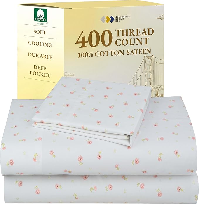 California Design Den Printed Twin XL Sheet Sets - 400 Thread Count Sateen, Natural 100% Cotton Bed Sheets, Deep Pockets, Cooling and Durable Bedding Set - Soft Floral