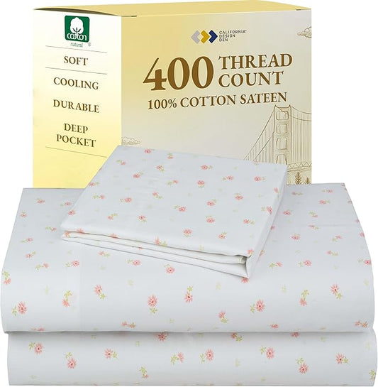 California Design Den Printed Twin XL Sheet Sets - 400 Thread Count Sateen, Natural 100% Cotton Bed Sheets, Deep Pockets, Cooling and Durable Bedding Set - Soft Floral
