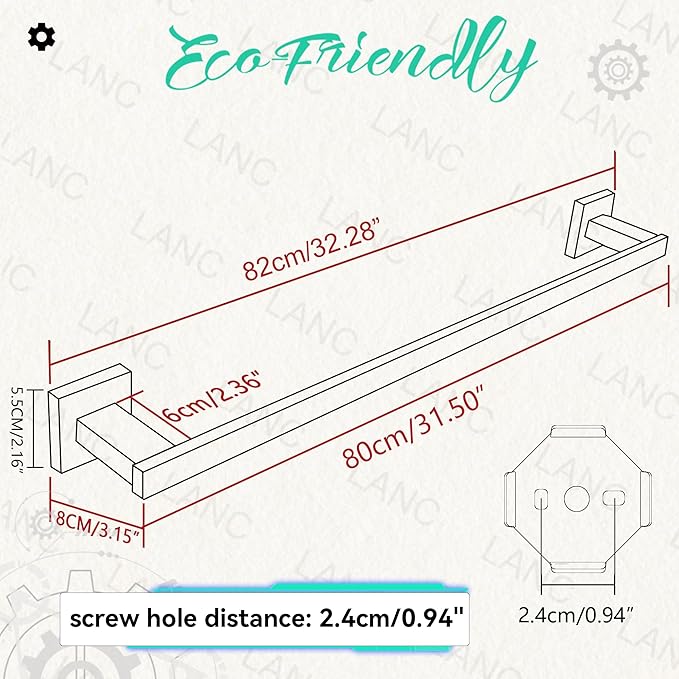 LANC 32-Inche Long Towel Bar for Bathroom Wall Mounted Brushed Nickel Bath Towel Rack Stainless Steel 80CM Towel Rod for Kitchen Square Towel Holder Towel Rail Towel Hanger, A9010BN-L8