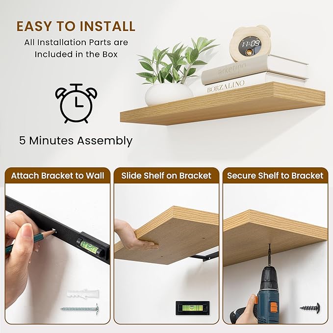 Fun Memories Floating Shelves for Wall, 30 Inch Rustic Wood Wall Mounted Shelves for Bathroom, Bedroom, Kitchen, Living Room, Deep Floating Shelves for Storage & Home Decor (Oak, Set of 2)