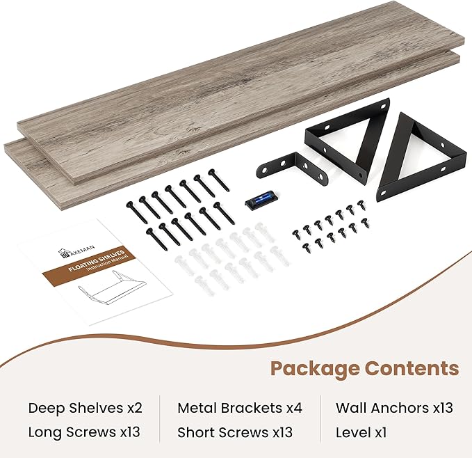 Axeman Floating Shelves for Wall 32 Inch | 31.5W x 8D Rustic Grey Wood Floating Shelves Set of 2 | 8" Deep Long Wall Shelves for Bathroom Kitchen Living Room | Bookshelf Display Shelves