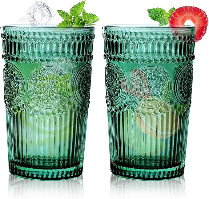6pcs Vintage Drinking Glasses Set, 12 oz Atroviens Highball Glasses, Embossed Ribbed Glassware Cups for Cocktail, Water, Juice, Coffee, Whiskey