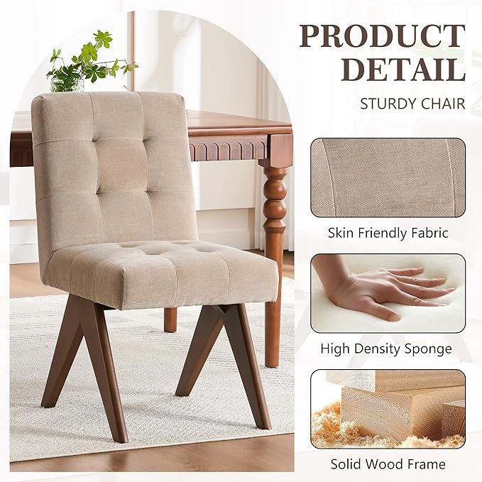 Rowill Modern Upholstered Dining Chairs Parsons Chair Linen Fabric Kitchen Chairs Tufted Armless Dining Room Chairs with Wood Legs Set of 4, Khaki