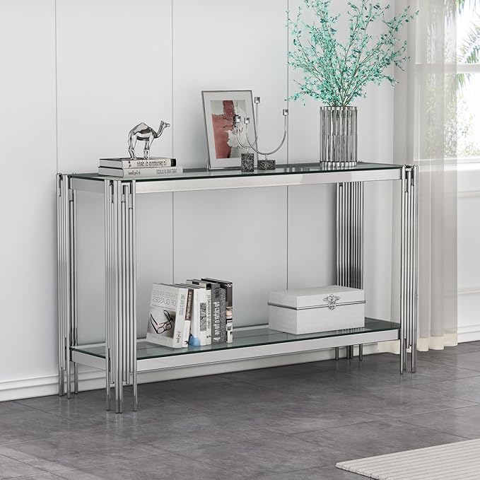 Goujxcy Modern Glass Console Table 55" Silver Entryway Table with Tempered Glass Top and Mirror Stainless Steel Legs,Luxury Rectangular Sofa Table for Living Room Hallway Corridor Table (Silver)