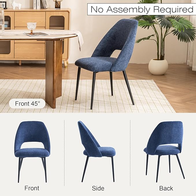 Rowill Boucle Dining Chairs Set of 4, Morden Upholstered Dining Room Kitchen Chairs with Metal Legs for Living Room, Bedroom, Restaurant, Blue