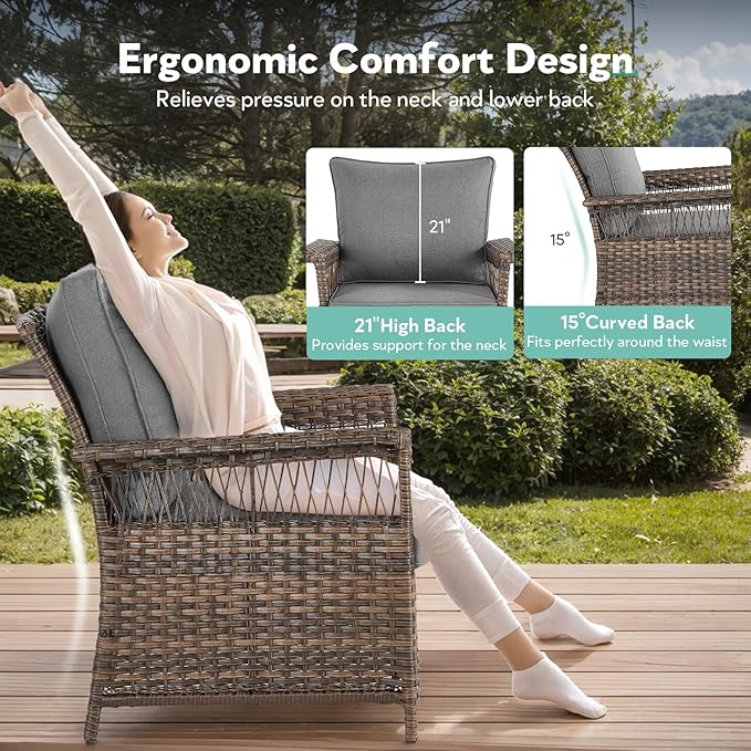 6 Pieces Wicker Patio Furniture Set - Hollow Widen Armrests 3 Seat Outdoor Sofa & Comfy Chairs with Side Table & Ottomans, Small Patio Convention Set for Deck and Backyard - Brown/Gray