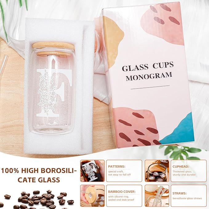 Christmas Gifts for Women: Initial Glass Cup as Office Graduation Memorial Holiday Personalized Gifts - for Mom Grandma Wife Girlfriend Sister Daughter Friend Christmas Gifts - F Aesthetic Cup