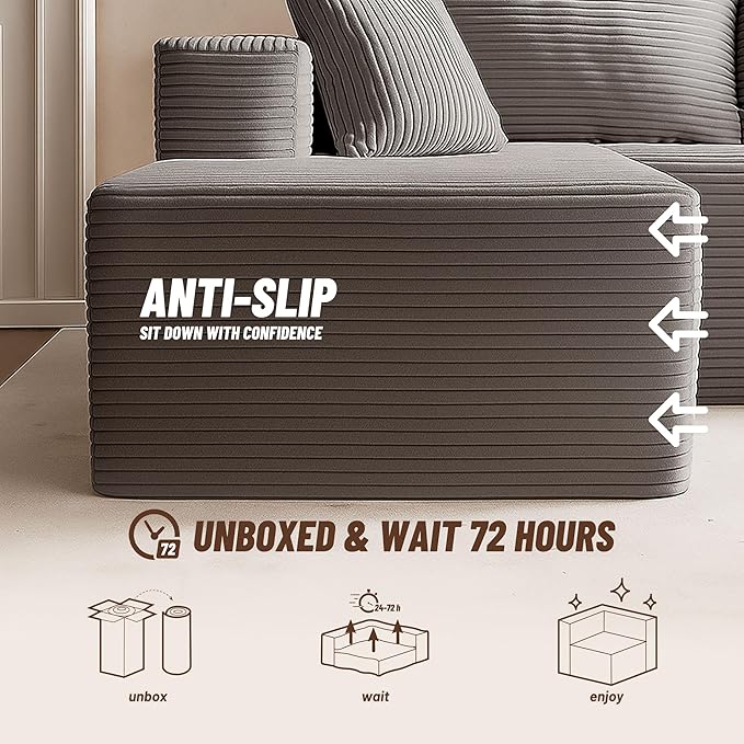 107" Boneless Couch with Deep Seat, Modular Sectional Sofa, Cloud Sectional Couch for Living Room, No Assembly Required, Corduroy, L-Shape Right?Grey