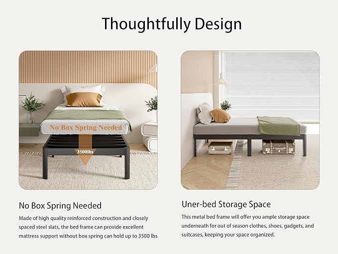 Black Bed Frame Twin Size 16 Inch, Metal Twin Bed Frame No Box Spring Needed, DIY Headboard Holes, Heavy Duty Steel Support 3500 LBS, Noiseless, Round Corner Legs, Storage Space, Easy Assembly