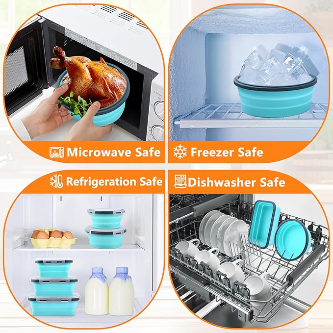 Collapsible Food Storage Containers with Lid & Air Vent, 4 Pack Round Foldable Collapsible Storage Containers Sets for Meals, Lunch Bowls for Camping, Travel, Microwave Freezer Dishwasher Safe, Green