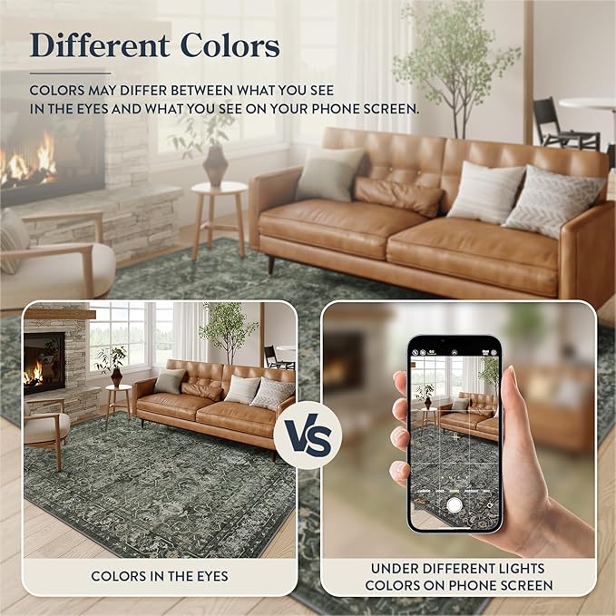 Lahome 6x9 Boho Green Area Rugs Washable Rugs for Living Room,Large Rugs for Bedroom Aesthetic,Distressed Non Slip Low Pile Dining Room Rug Carpet for Home Office Playroom(6'x9',Green)