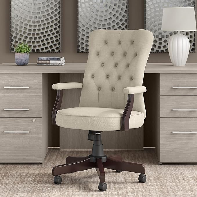 Bush Business Furniture Arden Lane High Back Tufted Office Chair with Arms in Cream Fabric, Comfortable Computer Desk Seating for Home or Professional Workspace