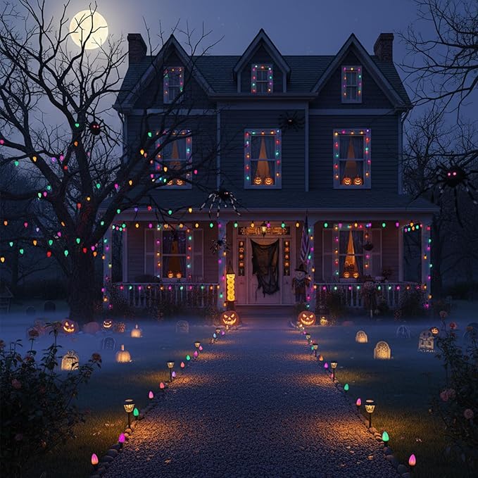 Halloween Lights, 25Ft C7 LED String Lights with Orange, Purple & Green Bulbs, Energy-Efficient, Waterproof, UL Certified for Outdoor & Indoor Halloween Yard, Porch, Patio, Garden Decorations