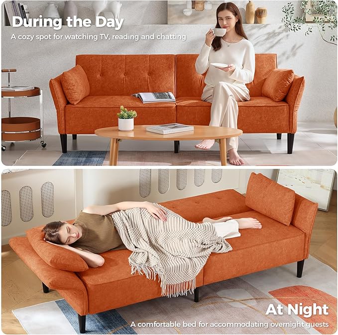 89” Futon Sofa Bed, Comfy Futon Couch Bed with 2 Square Pillows, Convertible Sleeper Sofa with Adjustable Backrest&Armrests, Modern Loveseat Sleeper for Living Room,Velvet Fabric,Burnt Orange
