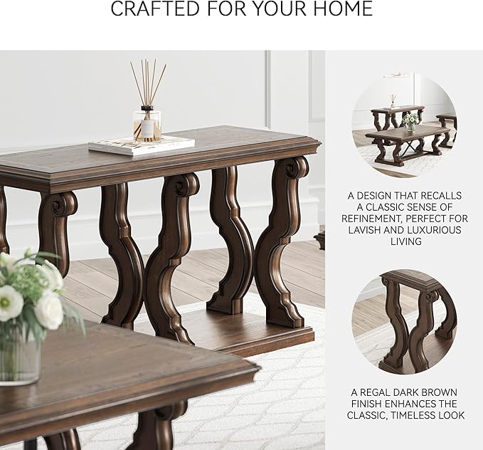 Signature Design by Ashley Maylee Classic Sofa Table with Open Shelf and Scroll Legs, Dark Brown