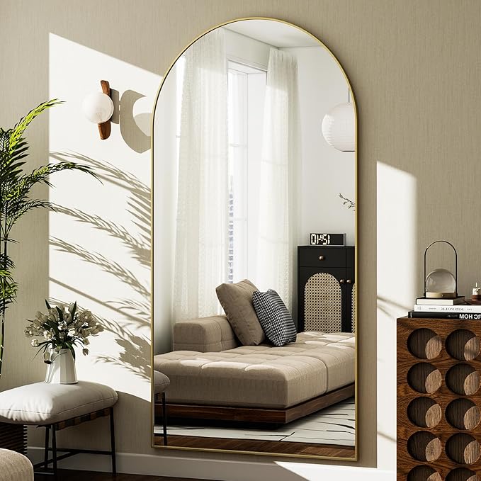 GLSLAND-30x71 inch Wall Mount Arched Full Length Mirror-Aluminum Alloy Frame High Definition-Full Body Mirror for Bedroom or Living Room,Gold