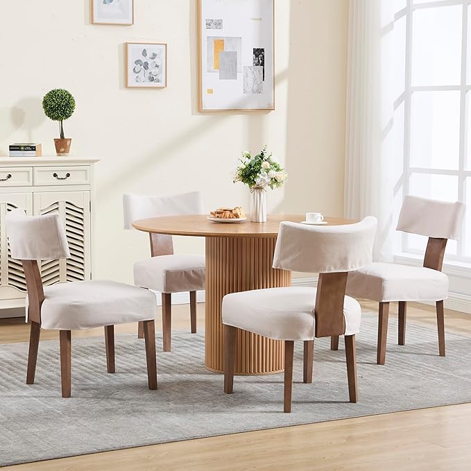Linen Dining Chairs Set of 2 with Seat Covers, Modern Dining Chairs with Wood Legs, Farmhouse Fabric Upholstered Dining Room Kitchen Side Chairs, Beige