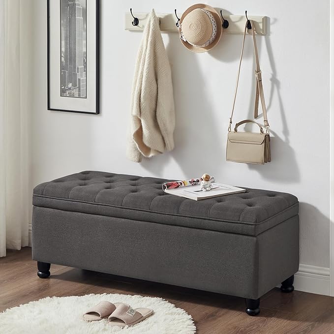 mikibama Bed End Storage Ottoman Bench,Linen Upholstered Storage Benches for Bedroom,Tufted 45" Long Ottoman Bench with Storage for Living Room Entryway Window(Dark Grey 45")