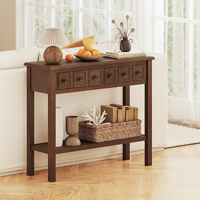 Giantex 2-Tier Narrow Console Table, 38" Retro Entryway Table with 2 Drawers and Open Storage Shelf, Wood Accent Sofa Tables for Living Room, Foyer, Hallway, Bedroom, Entrance