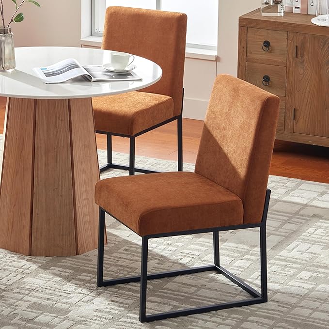 VKNOW Upholstered Dining Chairs Set of 4, Modern Dining Room Chairs, Linen Kitchen Chair Dinner Chair with Black Metal Base for Kitchen Office, Orange-Unstriped
