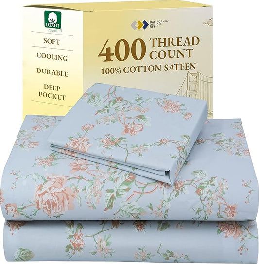 California Design Den Printed Twin XL Sheet Sets - 400 Thread Count Sateen, Natural 100% Cotton Sheets, Deep Pockets, Cooling and Durable Bedding Set - Antique Rose