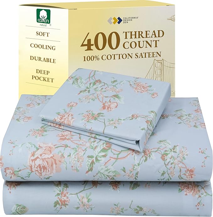 California Design Den Floral Deep Pocket Twin Sheets Set - 400 Thread Count Sateen, Natural 100% Cotton Sheets, Cooling and Durable Bedding Set - Antique Rose