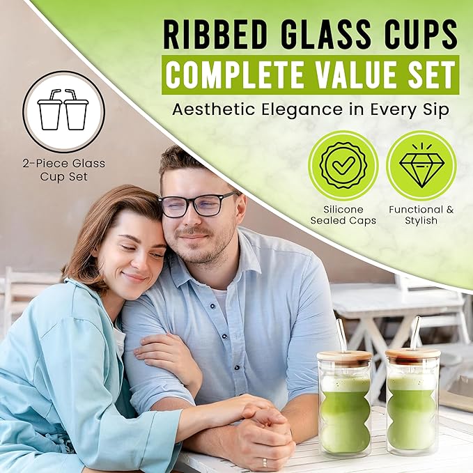 HAPPY PATH & CO. 2 Double Wall Glass Cups with Lids and Straws 16oz (480ml) - Glasses Drinking Set | Glass Tumbler with Bamboo Lid | Ribbed Bubble Glass Cups for Matcha, Coffee and Other Smoothies