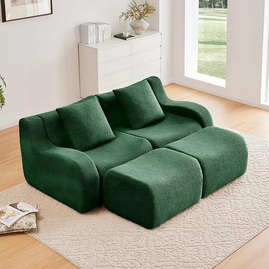 Green Modular Cloud Couch Loveseat with 2 Ottomans, Modern Teddy Fabric Boneless Sectional Sofa in a Box for Living Room, Deep Seat Floor Couch, No Assembly Required, Sofas para Sala