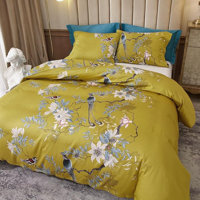 EAVD Queen Comforter Set Floral Vintage Garden Floral Bedding Set Soft Microfiber Yellow Comforter with 2 Pillowcases Gorgeous Floral Cute Bird Comforter Set for All-Season