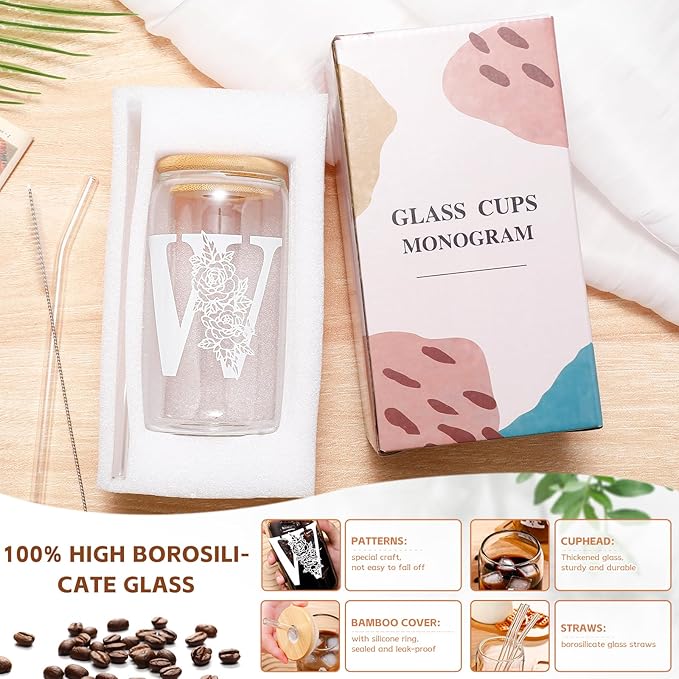 DWTS DANWEITESI Birthday Gifts for Women: Initial Glass Cup as Office Graduation Memorial Holiday Personalized Gifts - for Husband Aunt Uncle Teen Boy Employee Coworkers Him and Her - W Aesthetic Cup
