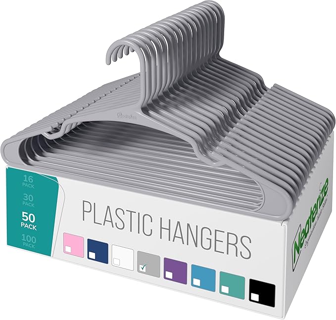NEATERIZE Clothes Hangers 50 Pack Grey - Plastic Hangers - Ganchos Colgar Ropa