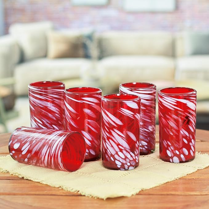 NOVICA Red Eco-Friendly Hand Blown Glass Tumblers, 16 Oz, 'Festive Red' (Set Of 6)
