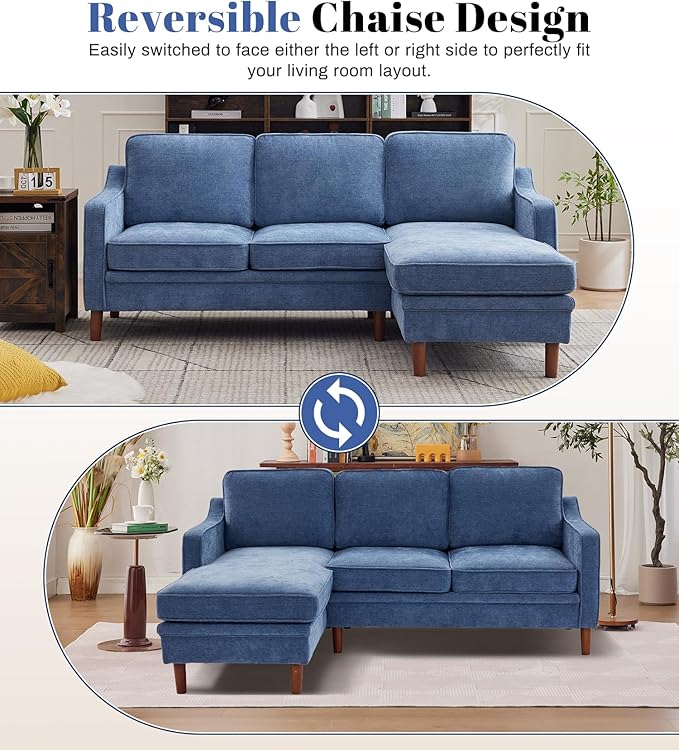 Kingfun 88" L-Shape Sofa, Chenille Sectional Couch, Mid Century Modern Couches with Solid Wood Frame for Living Room & Bedroom, Beige
