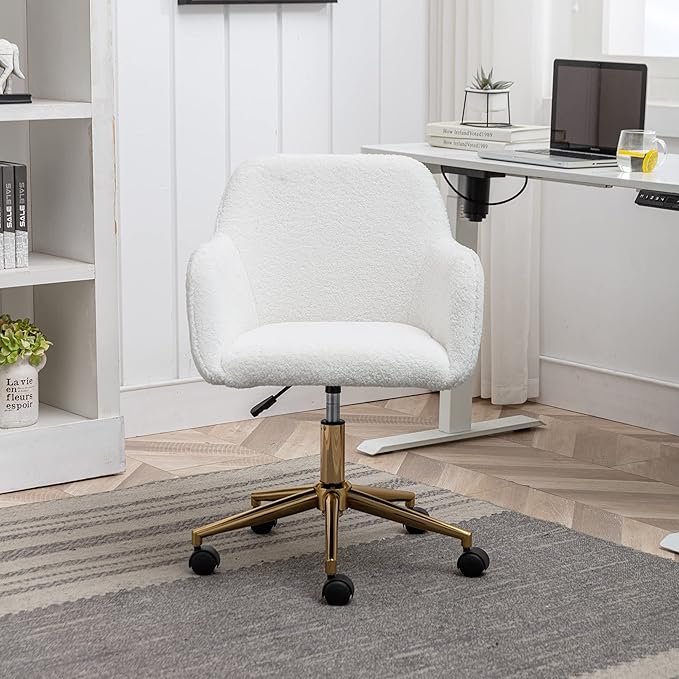 Goujxcy Fluffy Desk Chair, Faux Fur White Vanity Chair Swivel Office Chair for Girls Women, Height Adjustable Cute Teddy Furry Makeup Chairs for Bedroom Home Office