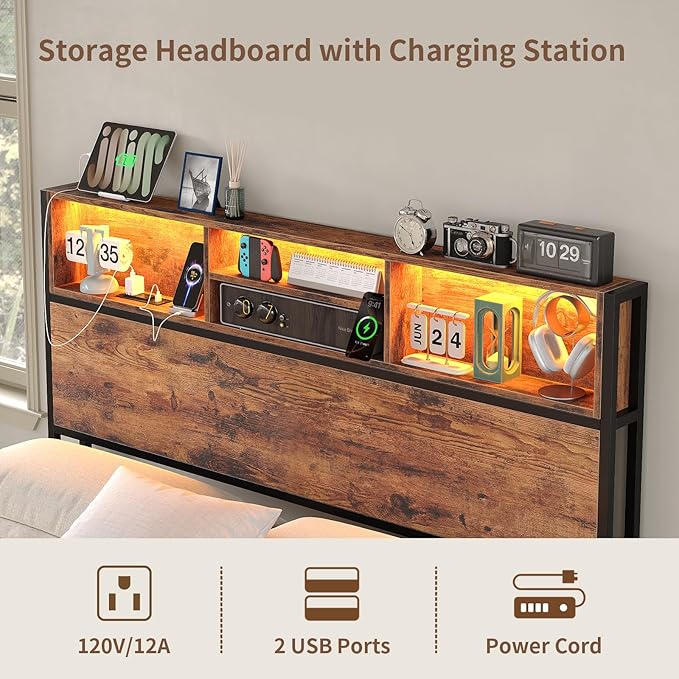 Queen Bed Frame with LED Headboard & Charging Ports, Rustic Wood Platform Bed Frame Queen Size with 6 Storage Drawers and Display Shelf, Heavy-Duty Metal Frame, No Box Spring Needed, Brown