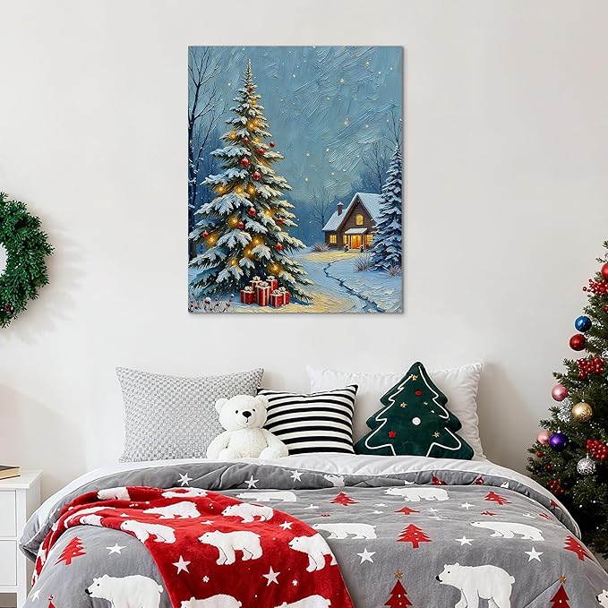 Framed Christmas Pictures Wall Decor,Vintage Pine Tree Prints,Winter Christmas Canvas Wall Art Decoration for Bedroom Bathroom Living Room Rustic Xmas Holiday Gifts (Christmas Tree 20, 16'' X 24'')