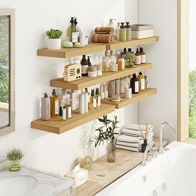 Fun Memories Floating Shelves 48 Inch Long, 9.3Inch Deep Floating Shelves for Wall, Extra Deeper & Thicker Wall Mounted Storage Shelf for Kitchen, Farmhouse, Oak, 2 Pack