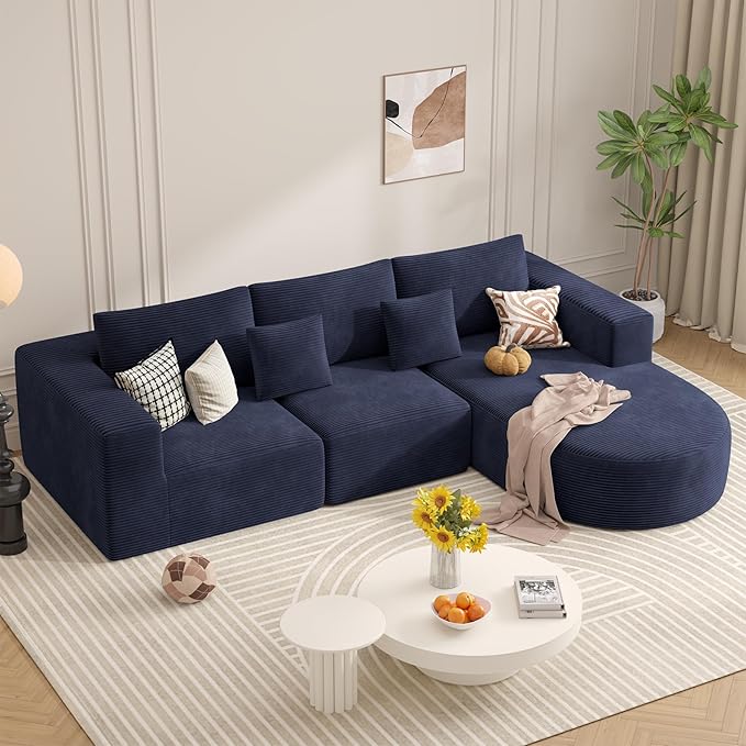 Boneless Couches for Living Room,Modular Sectional Sofa with Ottoman,Cloud Couch in a Box,Sponge Compression U Shaped Sofas with Chaise No Assembly Required(Blue-Corduroy Fabric) 1pcs