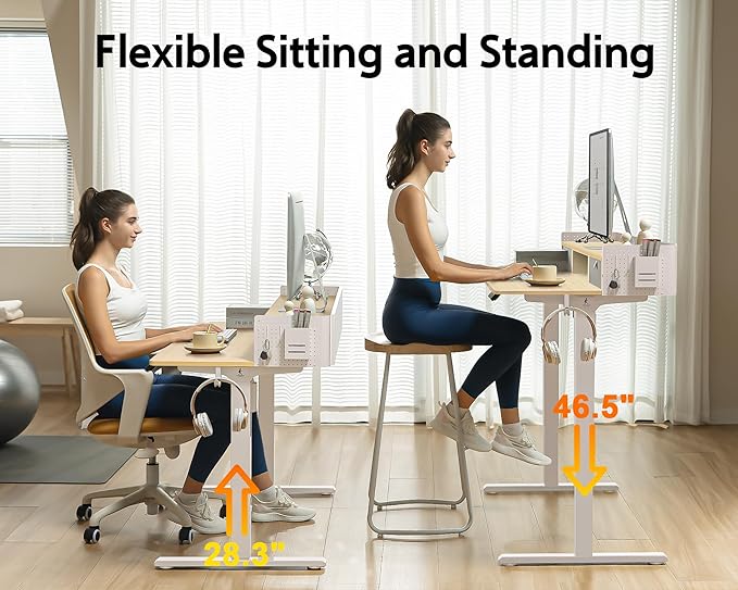 48x24 Inches Electric Standing Desk with 2 Drawers, Height Adjustable Stand up Desk for Home Office, Ergonomic Sit to Stand Table with Storage Shelf, DIY Board, Hooks, Oak