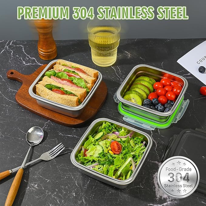 2 Pack 24oz Stainless Steel Sandwich Containers with Airtight Leak-Proof Lids, Reusable Metal Lunch Boxes for Meal Prep, Bento, Snack, Travel & Family, BPA-Free Dishwasher Safe (Green, Black)