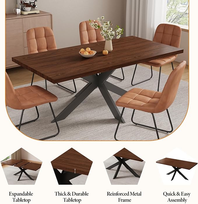 ZckyCine Expandable Dining Table Set for 6-8 People, Modern Rectangular Kitchen Table, 63"-79" Extendable, Walnut Finish, Metal Frame, 6 PU Leather Cushioned Chairs, Easy Assembly