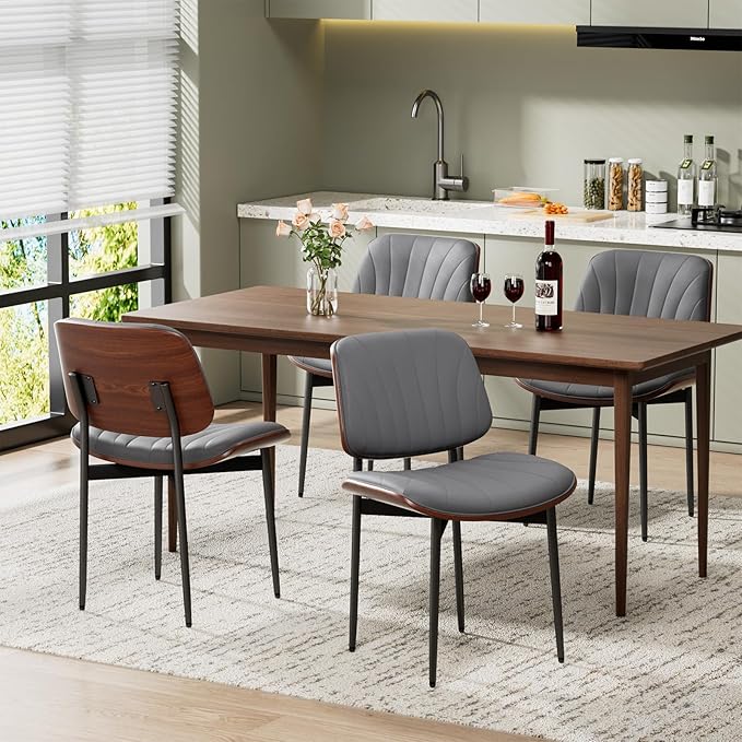 Dining Chairs Set of 8, Mid-Century Modern Upholstered PU Leather Chairs with Walnut Back and Metal Legs Adjustable Feet for Kitchen Dining Room, Dark Gray Shell Strips
