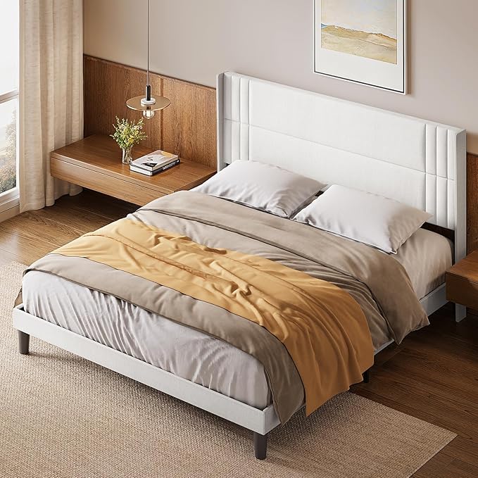 Gizoon King Bed Frame with Wingback Headboard, Upholstered Platform Bed with Modern Geometric Headboard, Wooden Slats, Noise-Free, No Box Spring Needed