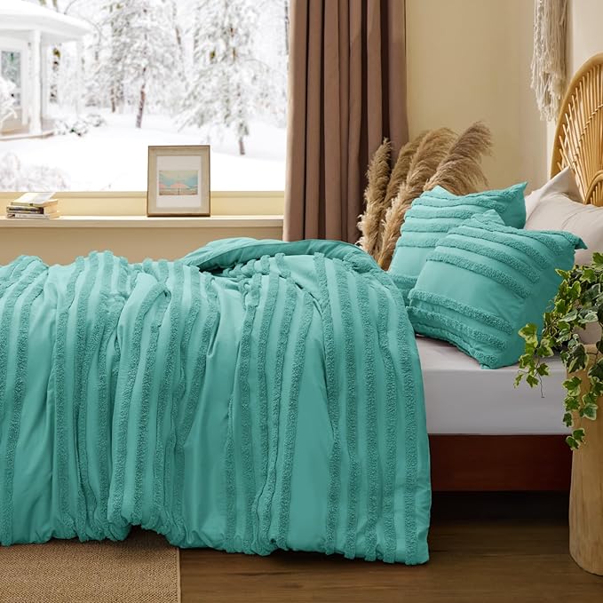 BEDELITE Boho Twin/Twin XL Comforter Set，Aqua Tufted Striped Bed Set 2 Pieces, Soft Vintage Farmhouse Comforter for College, Boho Home Dorm Decor, Fluffy Jacquard Bedding with 1 Pillow Sham