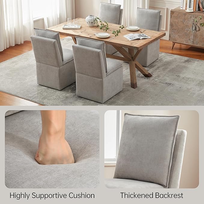 VKNOW Upholstered Dining Chairs, Modern Rolling Chairs with Storage and Wheels, Linen Armless Chair with Cushion and Backrest, Dining Room Chairs for Living Room Kitchen Bedroom, Light Grey