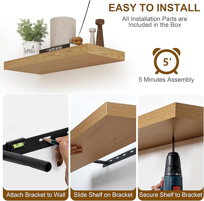 Fun Memories Floating Shelves, 8 Inch Deep Floating Shelves, Rustic Wood Fireplace Mantel 48 in Long, 48 x 8 Floating Wall Shelves for Living Room, Kitchen, Bedroom, Oak Color, 1 Pack