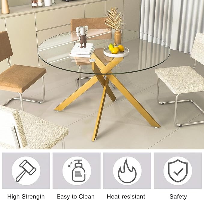 Goujxcy Round Dining Table Set for 4, Modern Glass Kitchen Table and Chairs Set of 4, 5-Piece Dining Room Table Set w/47 Circle Gold Glass Dining Table and 4 Upholstered Velvet Chairs